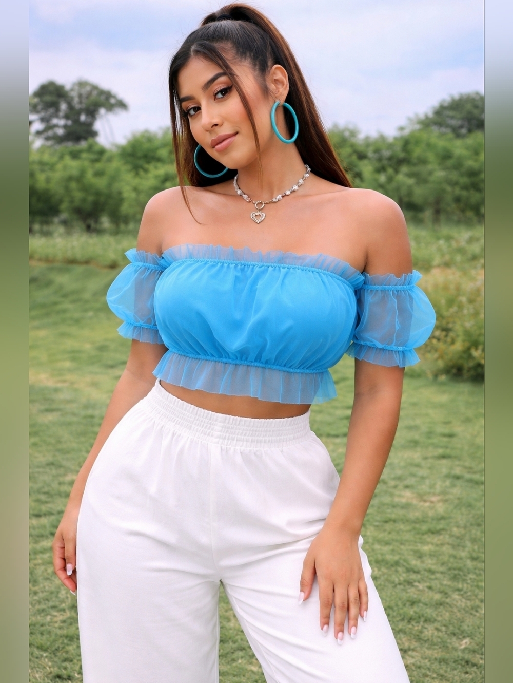 Blue Off Shoulder Mesh Frill Crop Top | Sheer Ruffle Sleeve Summer Party Top